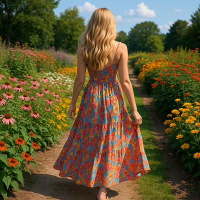 long, colorful flower print casual dress